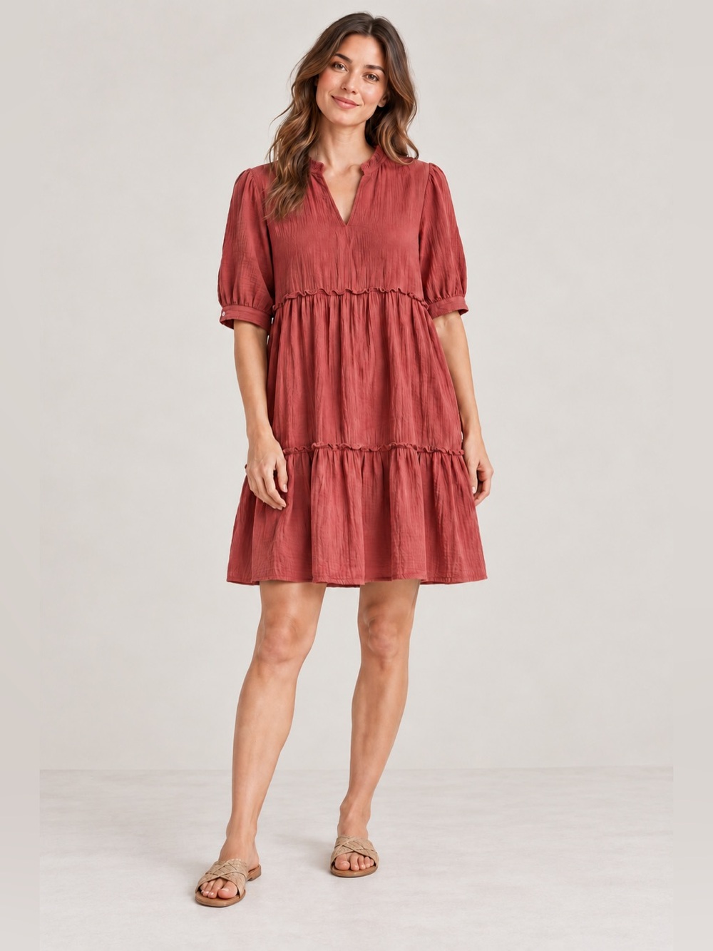 DREW Cotton Gauze Tiered Dress Small Rust Red Ruffle Neck Boho Cottagecore